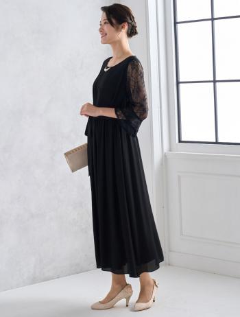 【L】袖レースロングドレス（ブラック）DPSET0460