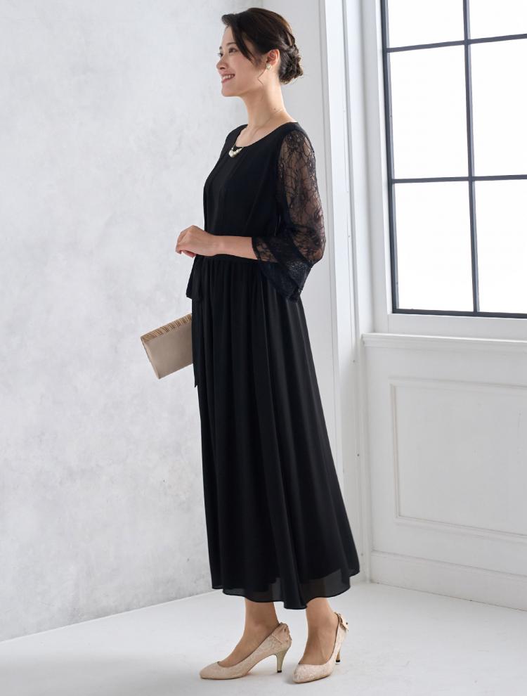 【L】袖レースロングドレス（ブラック）DPSET0460