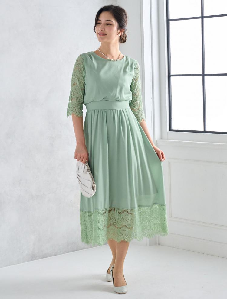 【M/L】サテンスカラレースドレス（グリーン）DPSET0472