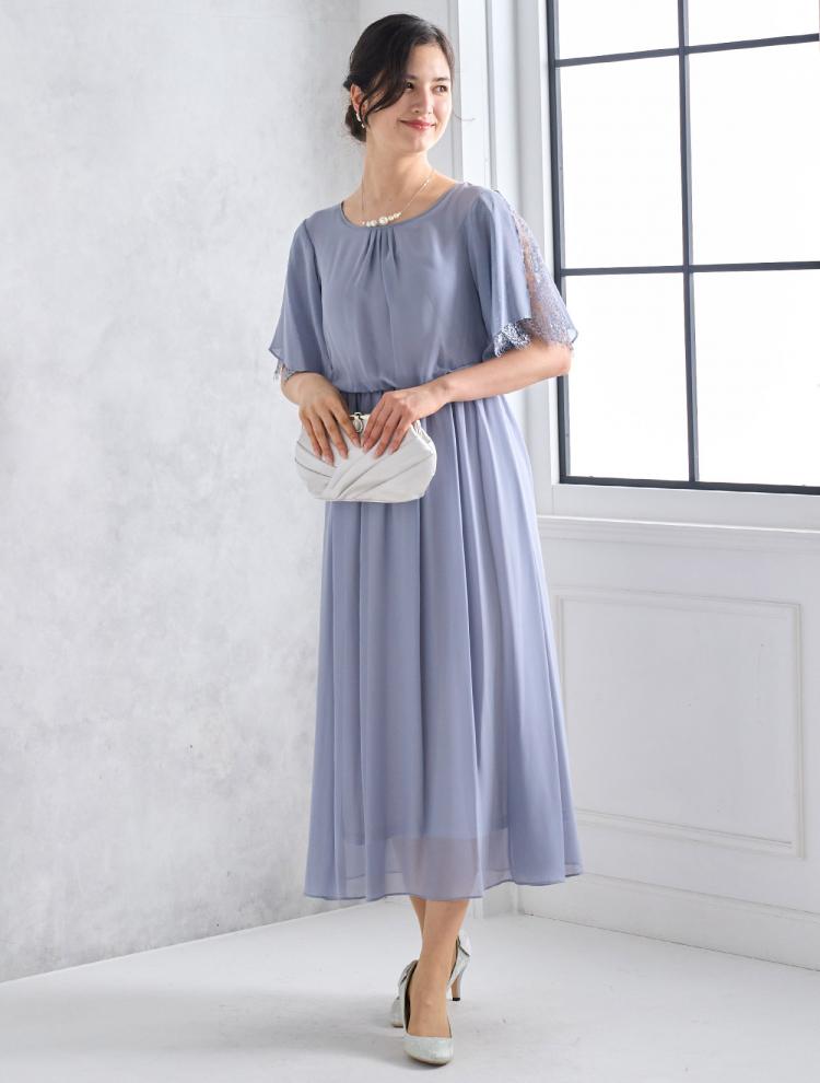 【M/L】袖スリットレースロングドレス（グレー）DPSET0509