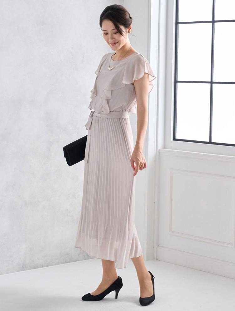 【M/L】ベルト付きプリーツミモレ丈ドレス（グレー）DPSET0517