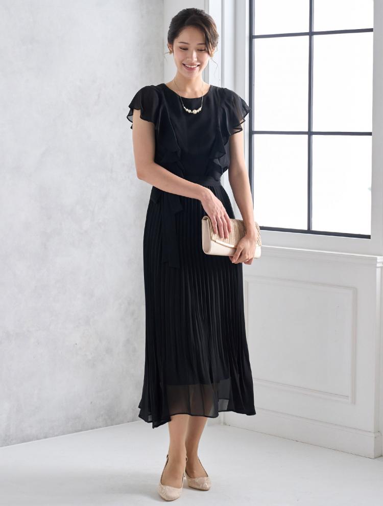 【M/L】ベルト付きプリーツミモレ丈ドレス（ブラック）DPSET0520