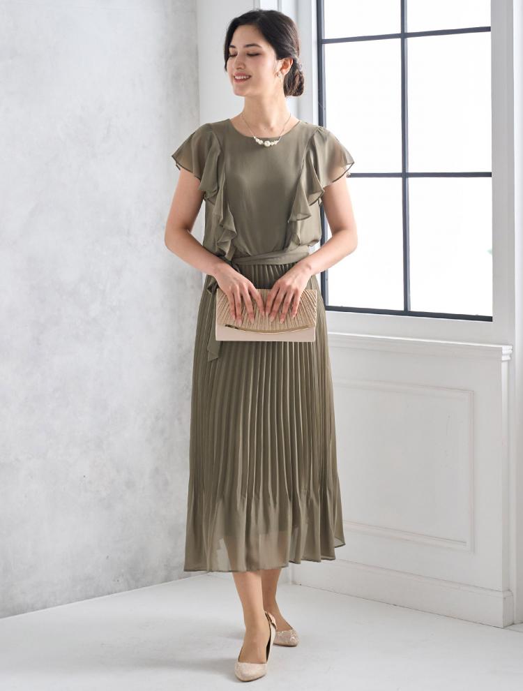 【L】ベルト付きプリーツミモレ丈ドレス（カーキ）DPSET0523