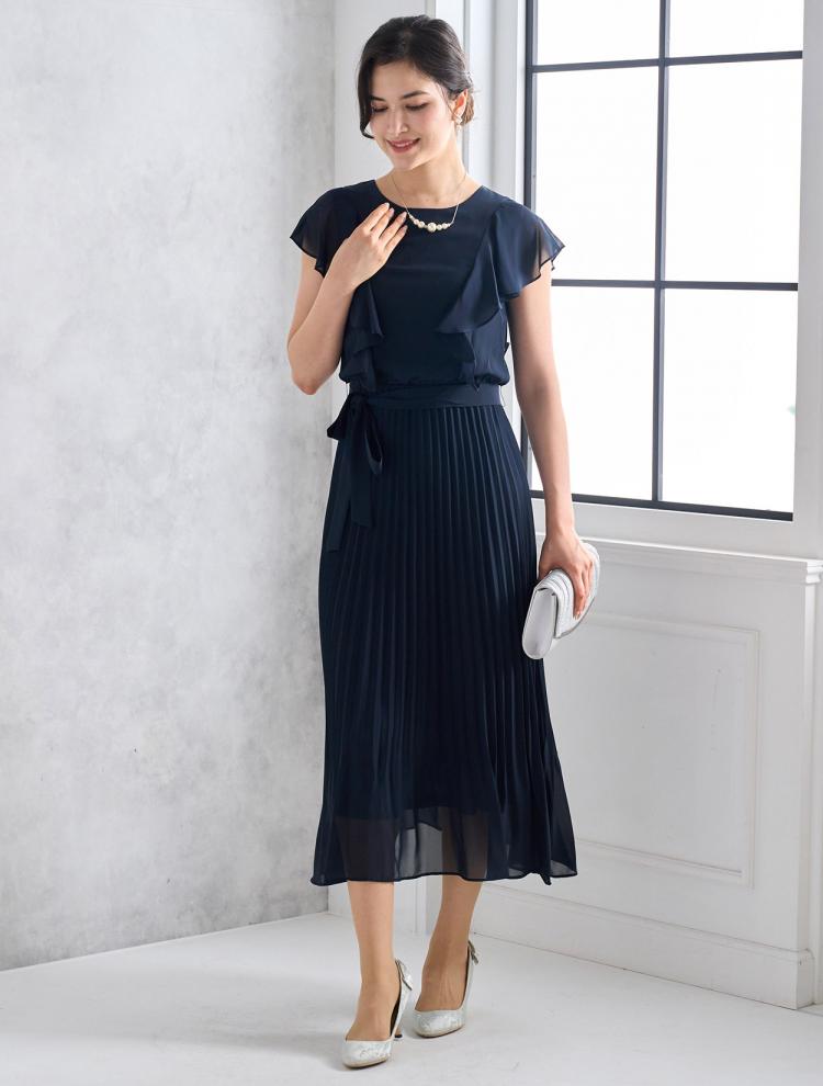 【M/L】ベルト付きプリーツミモレ丈ドレス（ネイビー）DPSET0526
