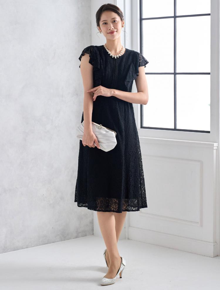 【M】ラッフルスリーブ総レースドレス（ブラック）DPSET0539