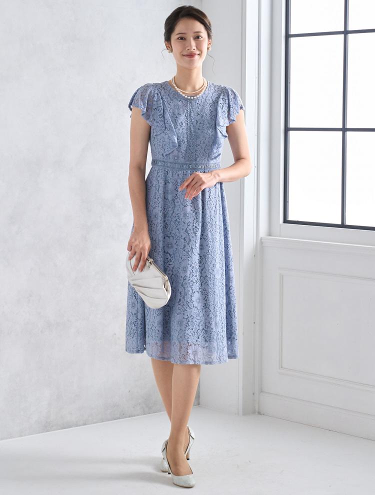 【M】ラッフルスリーブ総レースドレス（サックス）DPSET0543