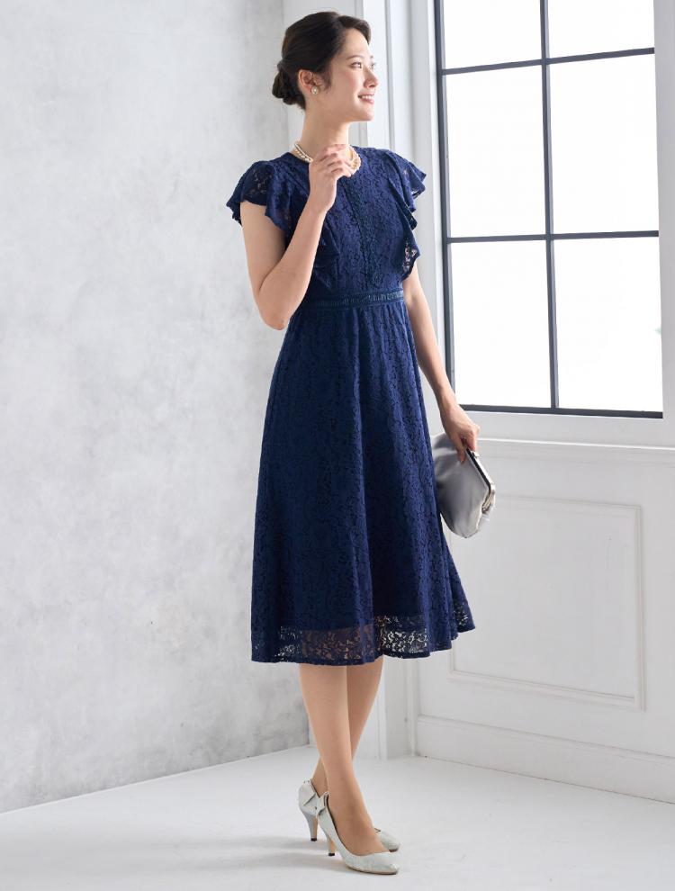 【M】ラッフルスリーブ総レースドレス（ネイビー）DPSET0545