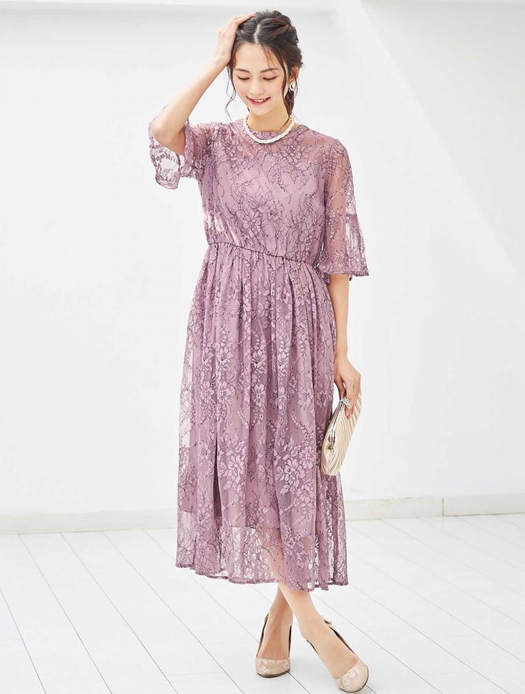 【M】フラワーレースロングドレス（ピンク）DPSET0308