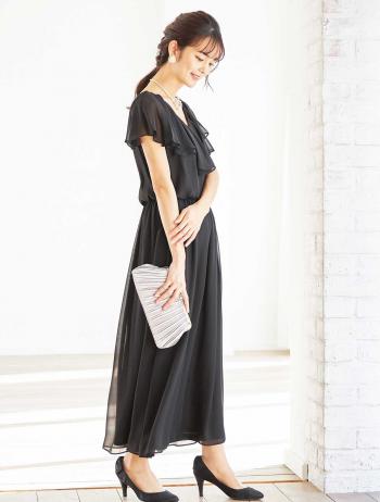 【LL/3L】ラッフルシフォンロングドレス（ブラック）DPSET0314L