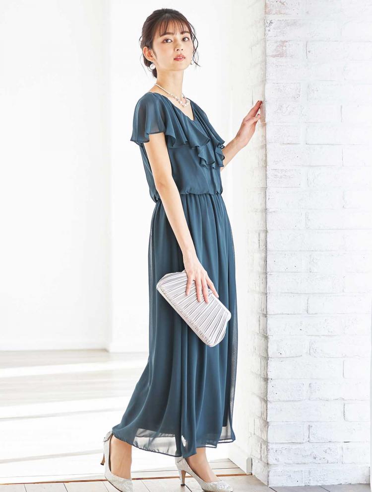 【M/L】ラッフルシフォンロングドレス（グリーン）DPSET0317