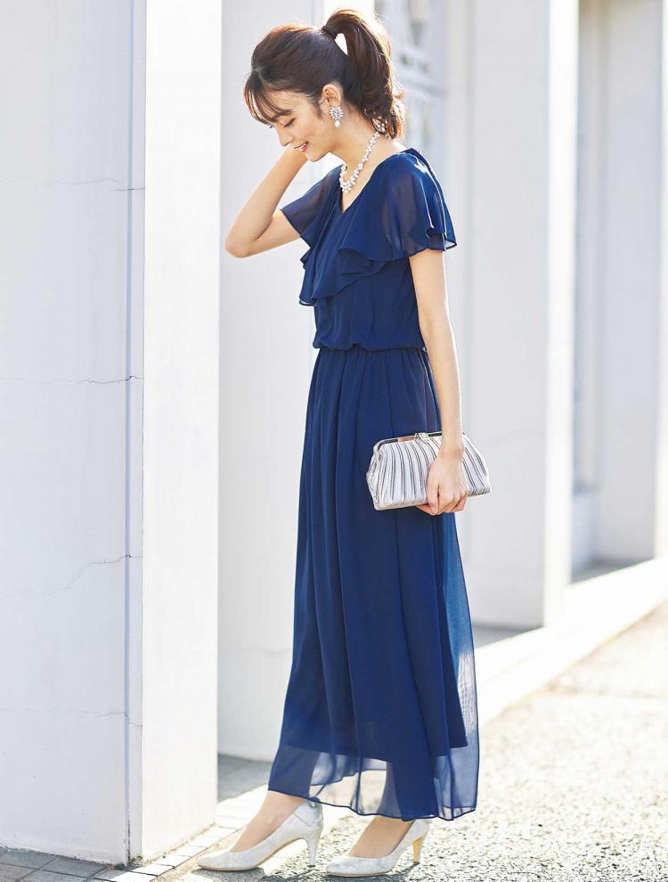 【M/L】ラッフルシフォンロングドレス（ブルー）DPSET0320