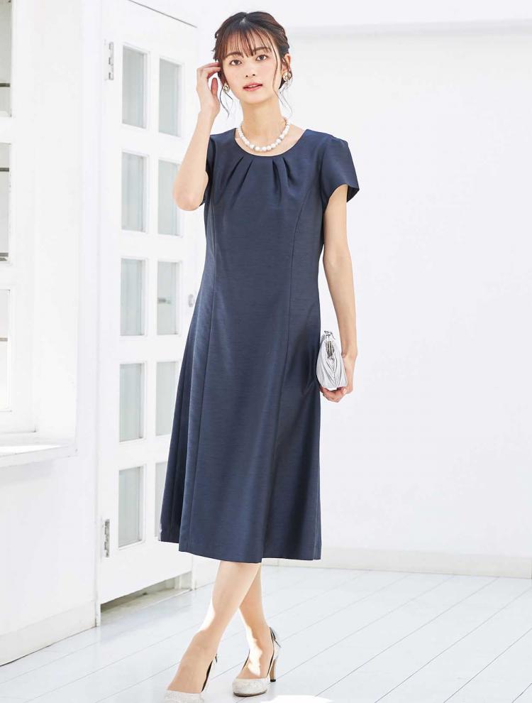【M】ミディ丈シャンタンドレス（ネイビー）DPSET0341