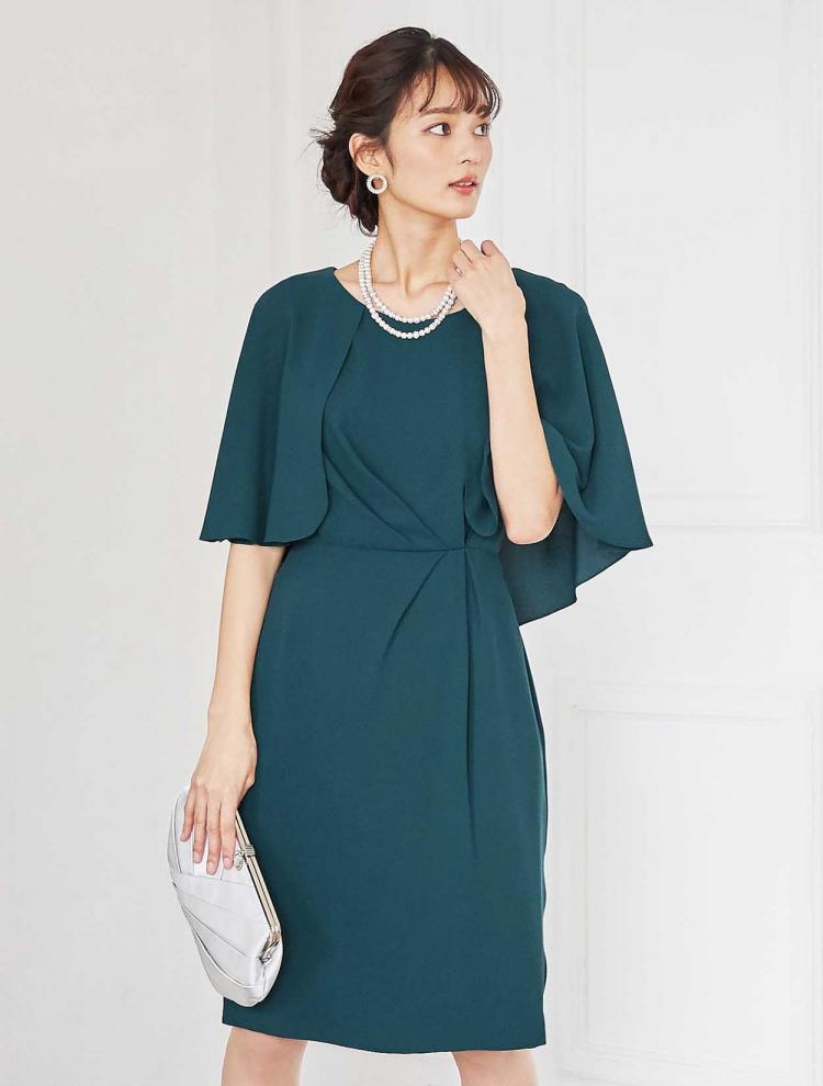 【M】ケープ風タイトドレス（グリーン）DPSET0344