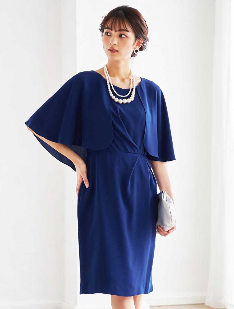【M】ケープ風タイトドレス（ブルー）DPSET0346