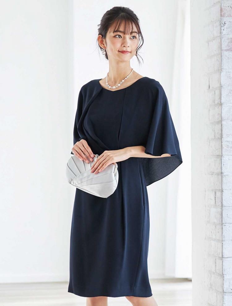 【M】ケープ風タイトドレス（ネイビー）DPSET0349