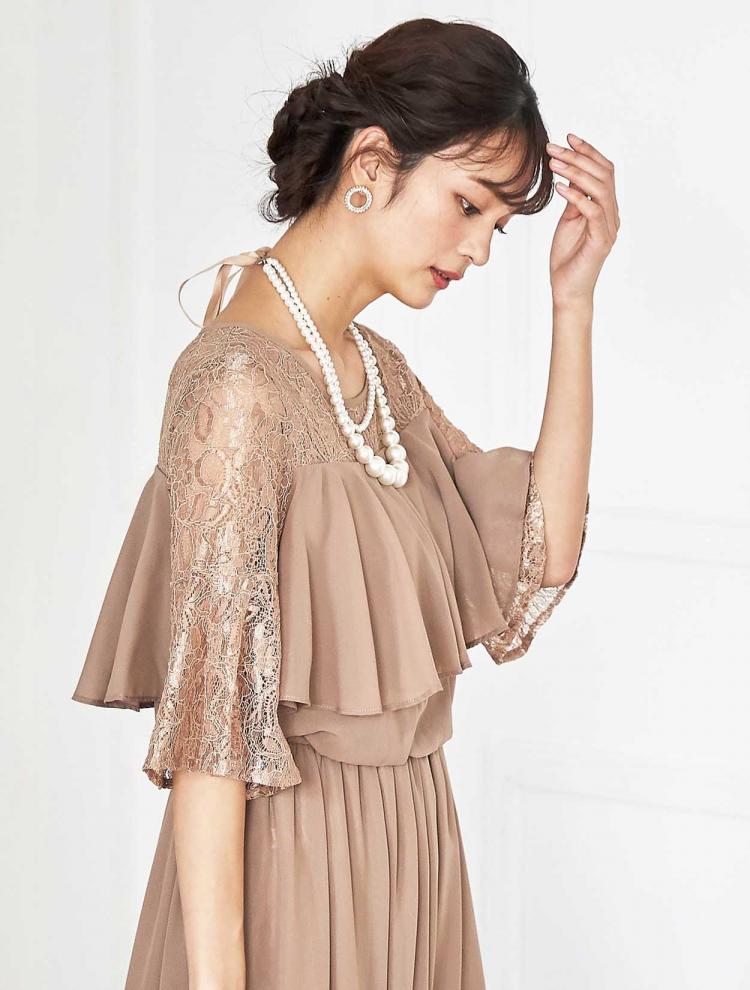 【M/L】袖レース七分袖ロングドレス（ブラウン）DPSET0352