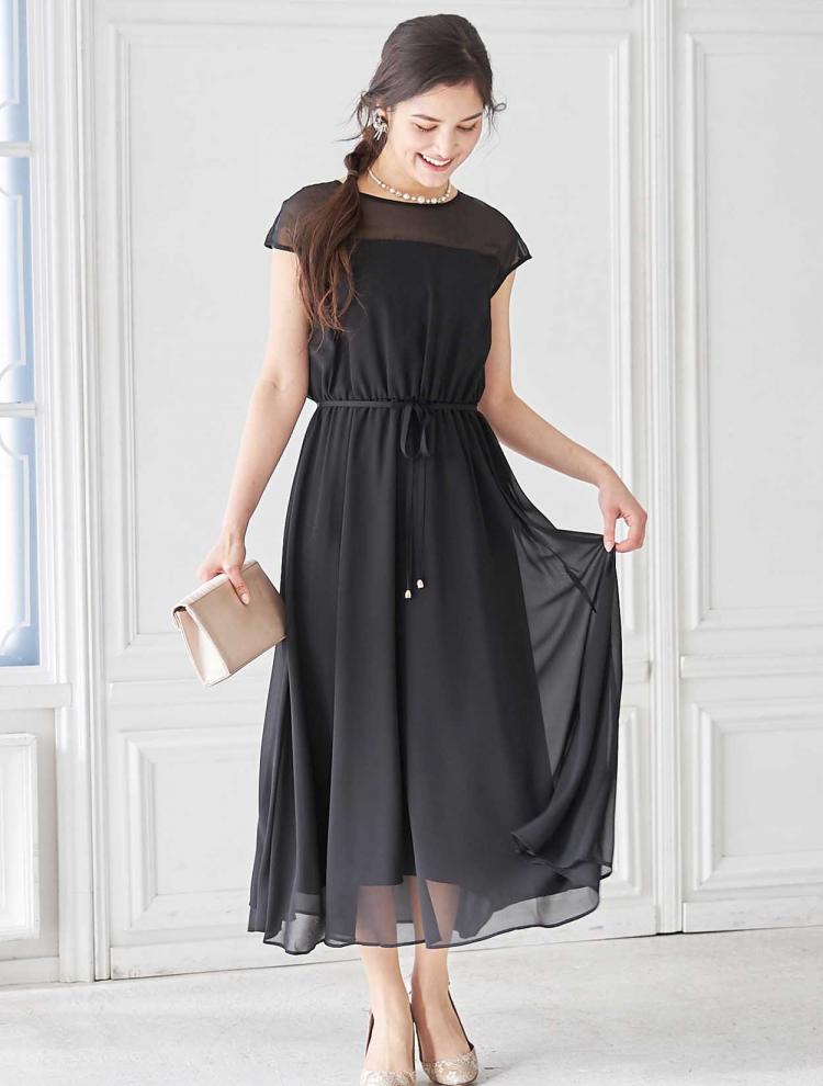 【M】オーガンジー胸元透かしミディ丈ドレス（ブラック）DPSET0358