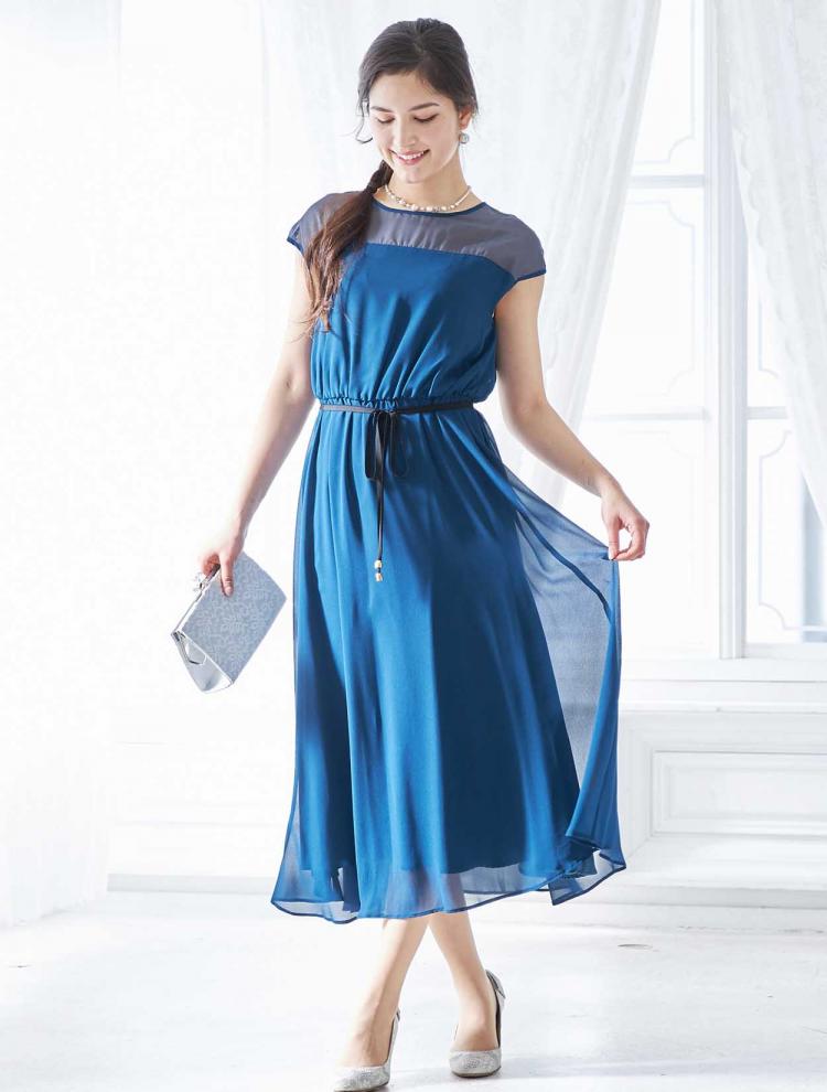 【M】オーガンジー胸元透かしミディ丈ドレス（ブルー）DPSET0361