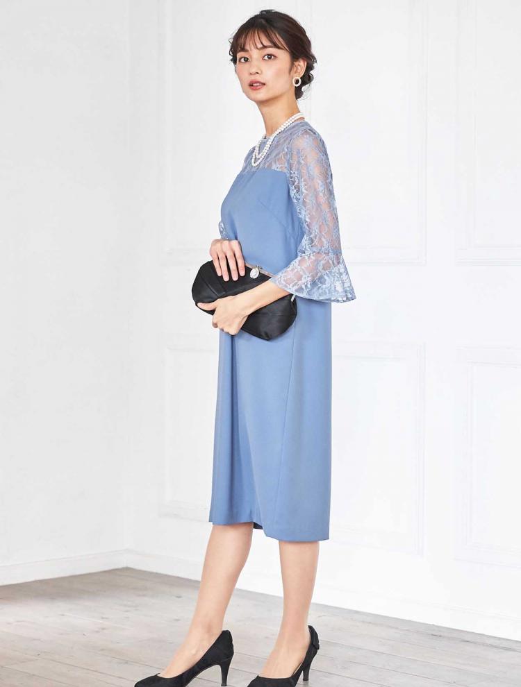 【M】レース切替フレアスリーブドレス（サックス）DPSET0366