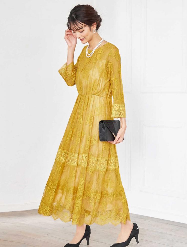【M】総レース７分袖ミディ丈ウエストゴムドレス（イエロー）DPSET0368