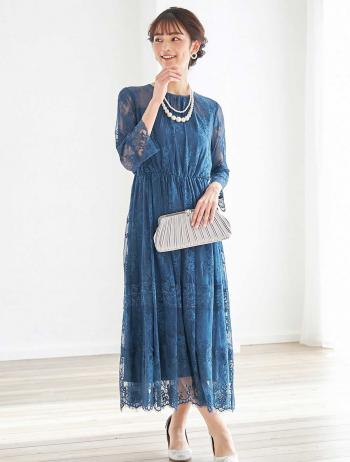 【M】総レース７分袖ミディ丈ウエストゴムドレス（ブルー）DPSET0371