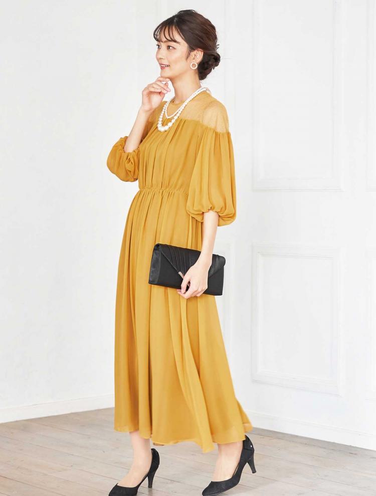 【M】チュールベア切替袖付きドレス（イエロー）DPSET0379