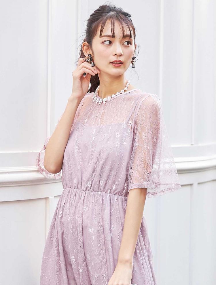 【M】総レース5分袖ロングドレス（ピンク）DPSET0385