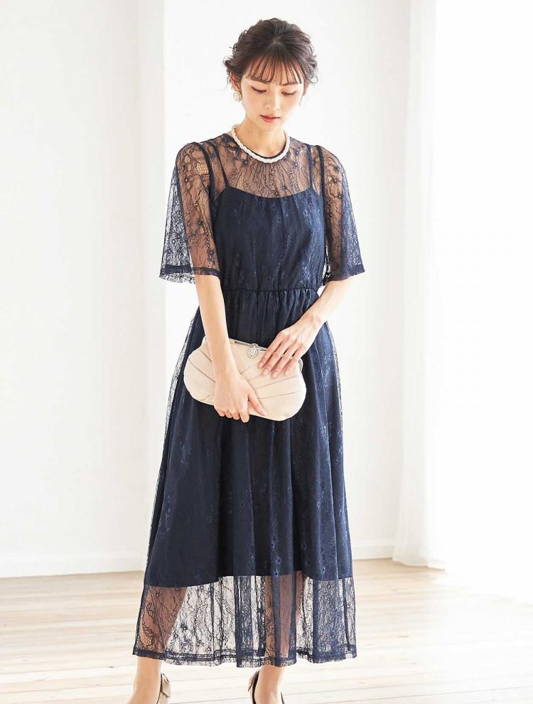 【M】総レース5分袖ロングドレス（ネイビー）DPSET0388