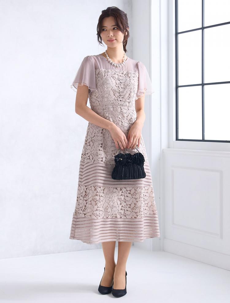 【M】ボーダーレースドレス（ベージュ）DPSET0567