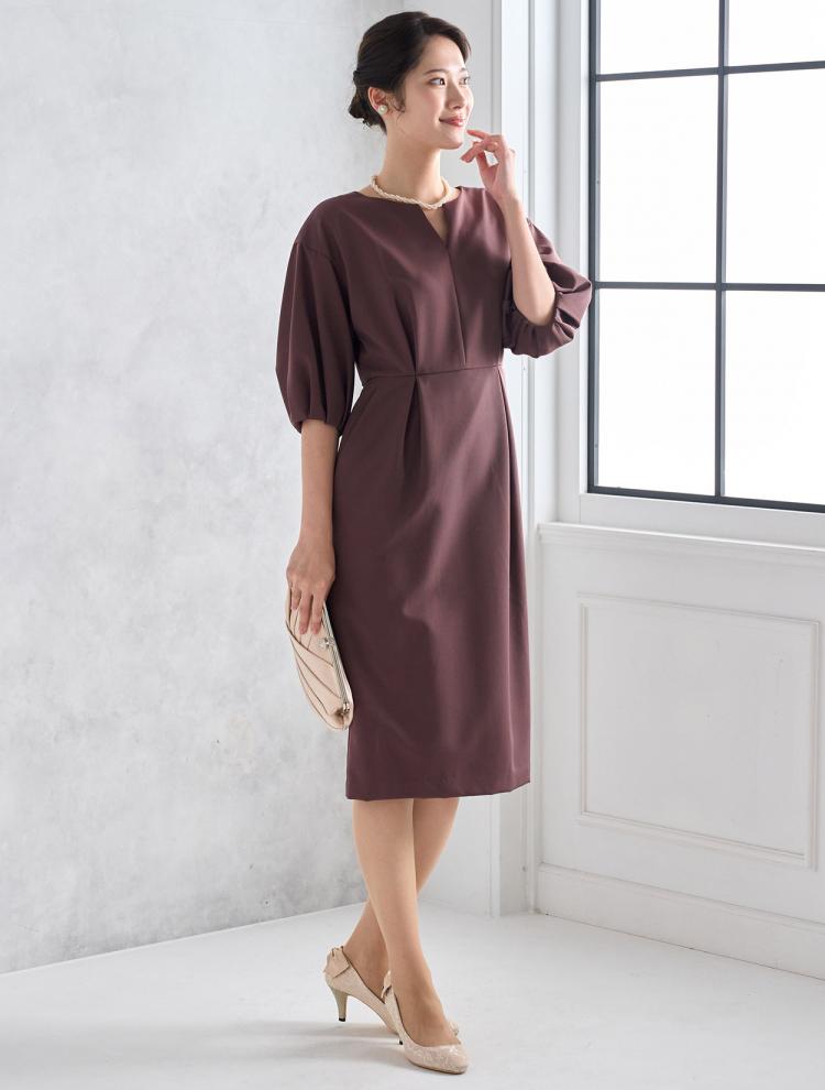 【M】Vスリットネックコクーンドレス（ボルドー）DPSET0609