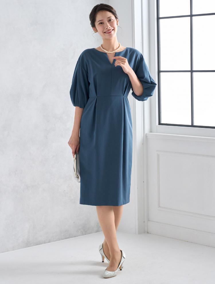 【M】Vスリットネックコクーンドレス（ブルー）DPSET0608