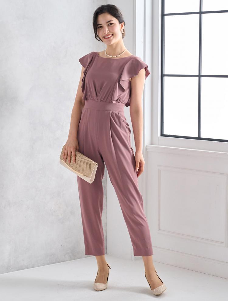 【M】ラッフルスリーブオールインワンドレス（ピンク）DPSET0614