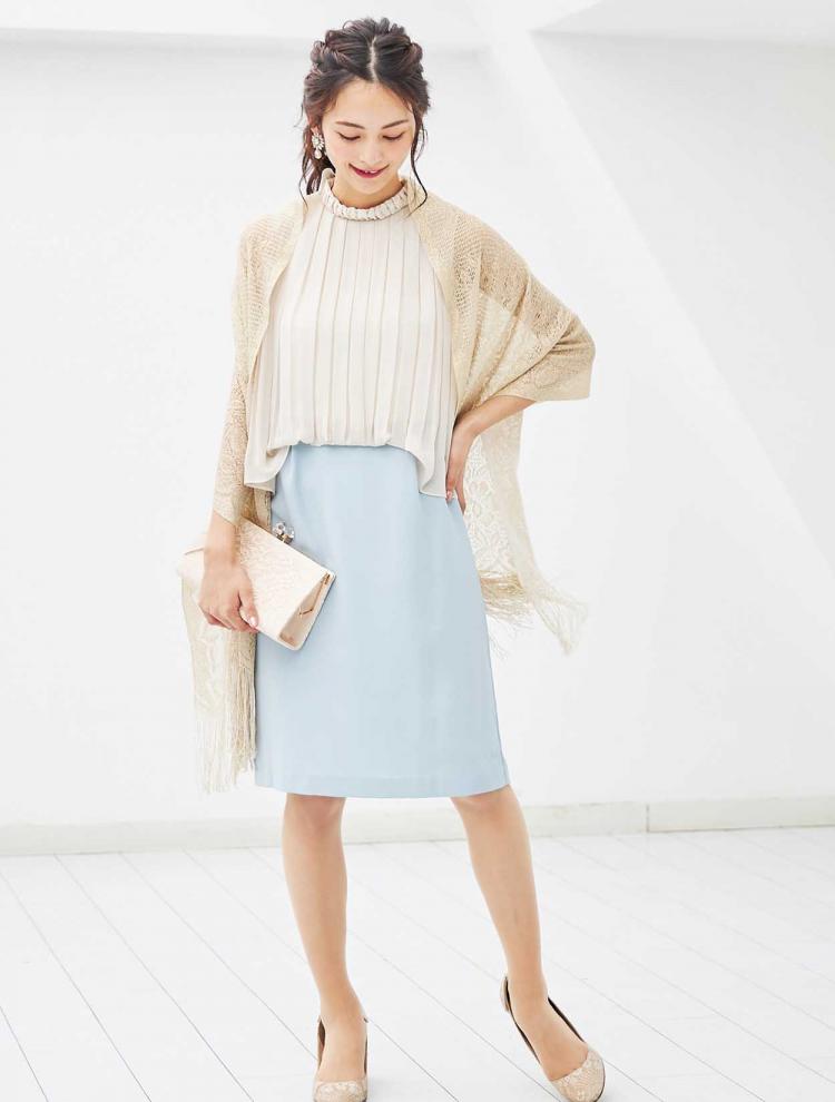 【M】ＢＬ風バイカラープリーツドレス（サックス）DPSET0004