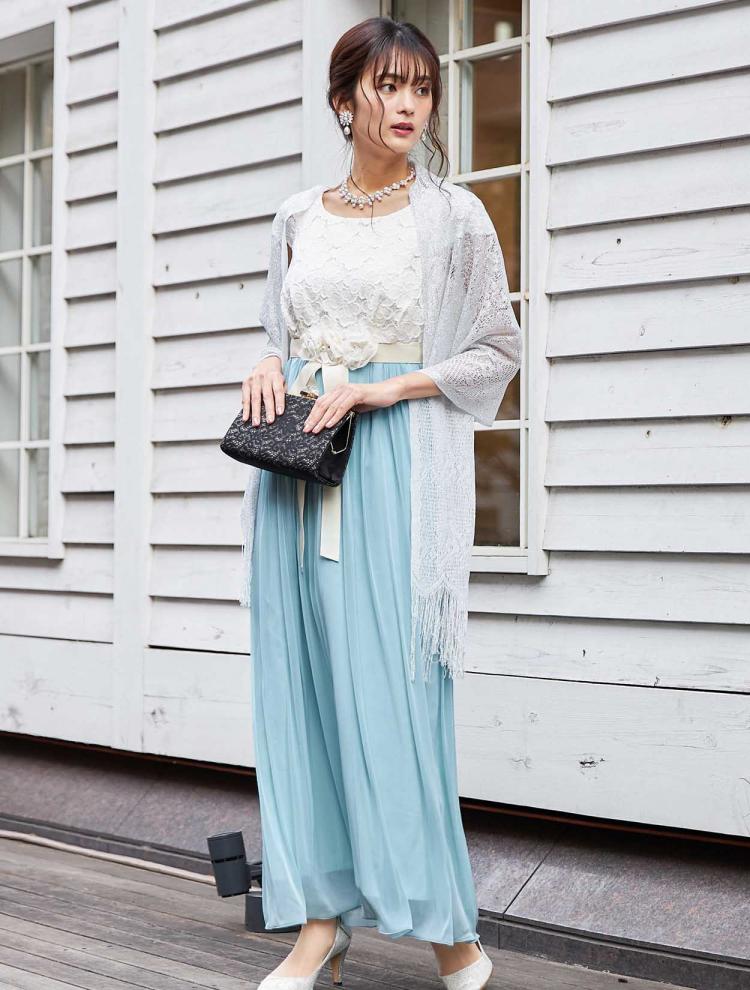 【M】フラワーレースマキシ丈ドレス（グリーン）DPSET0010