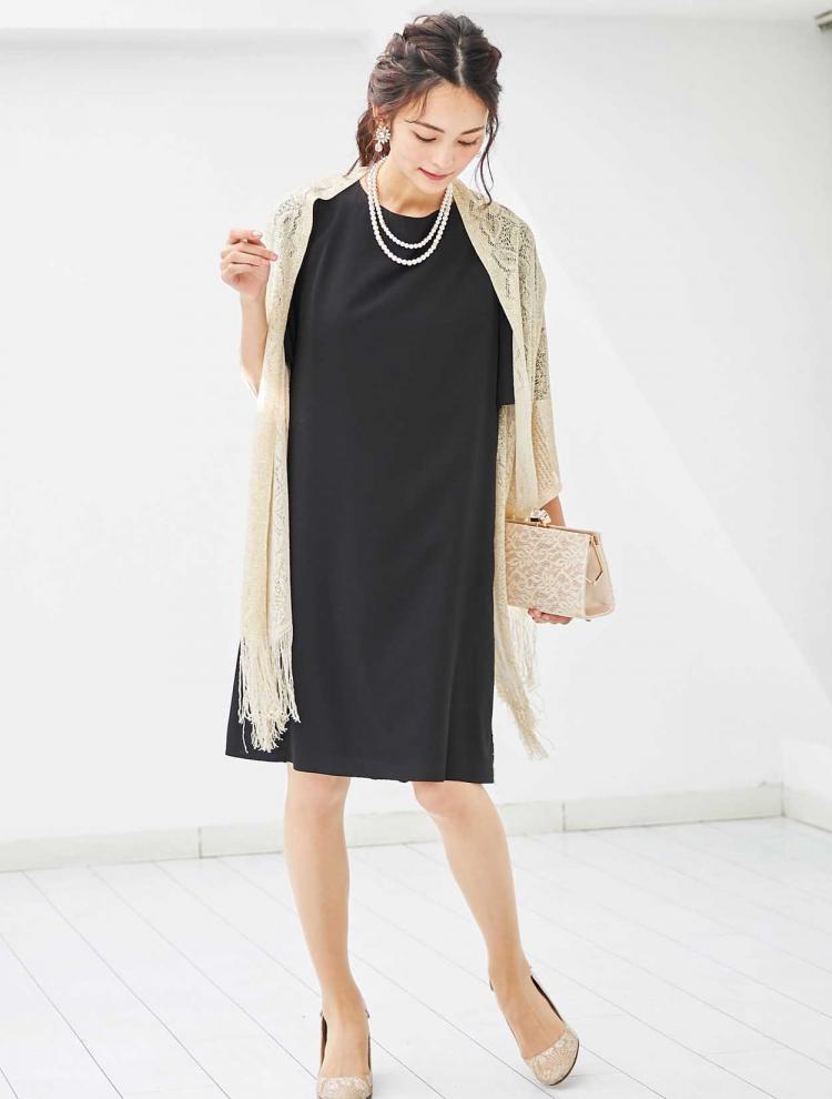 【M/L】バックレース＆リボンストレートドレス（ブラック）DPSET0017