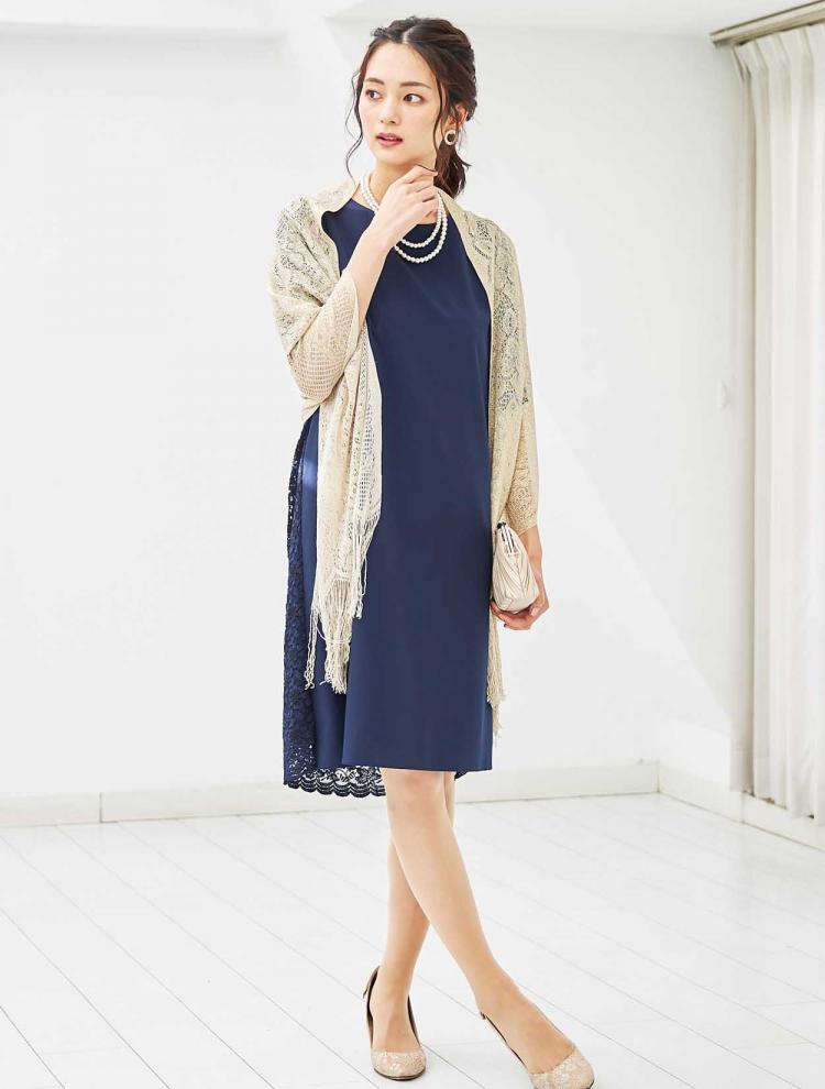 【M/L】バックレース＆リボンストレートドレス（ネイビー）DPSET0022