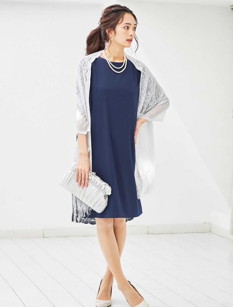 【M/L】バックレース＆リボンストレートドレス（ネイビー）DPSET0023