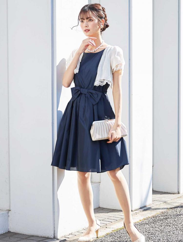 【M】ウエストリボンフィット＆フレアドレス（ネイビー）DPSET0033
