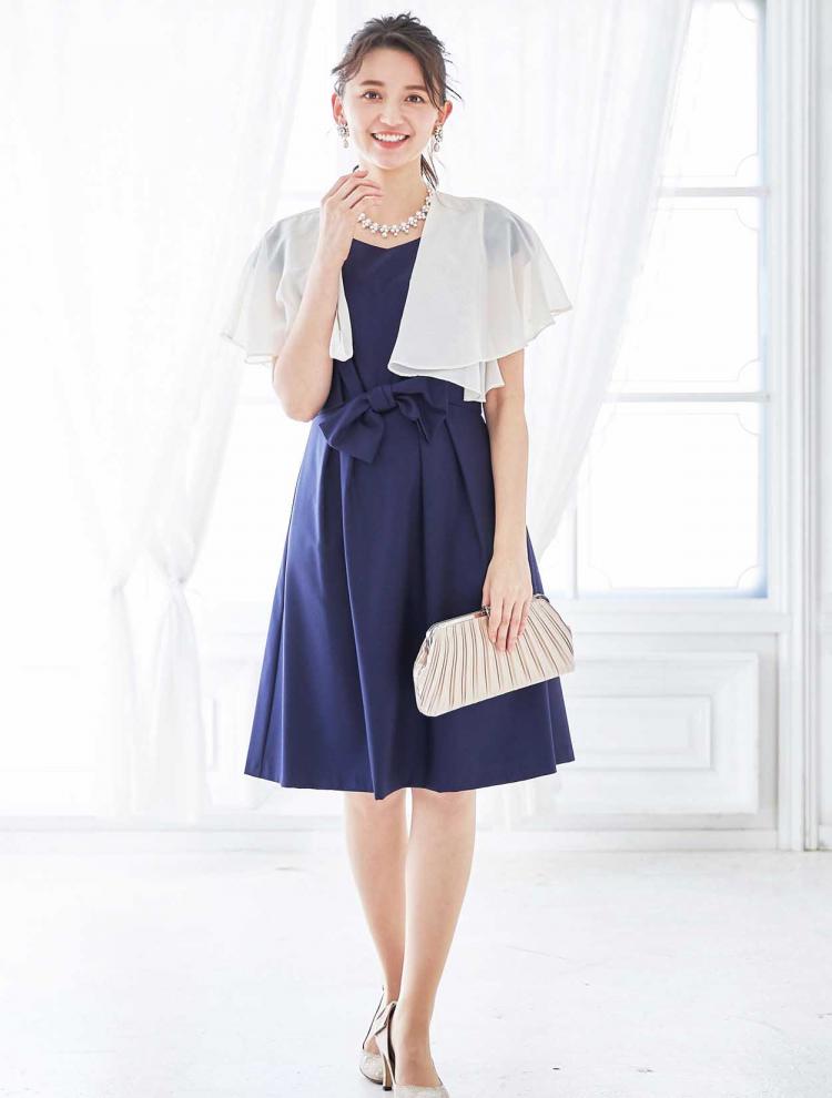 【M】キャップスリーブフィット＆フレアドレス（ネイビー）DPSET0038