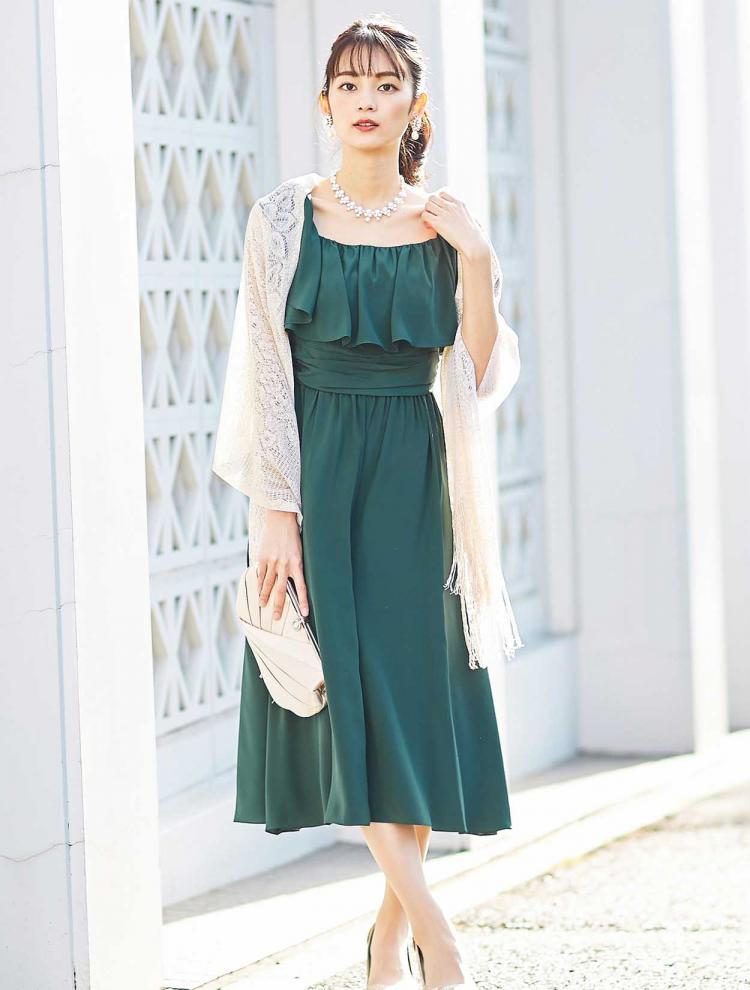 【M】フリルスリーブパンツドレス（グリーン）DPSET0040