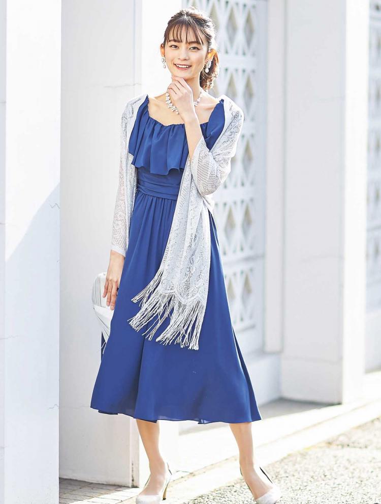 【M】フリルスリーブパンツドレス（ブルー）DPSET0043