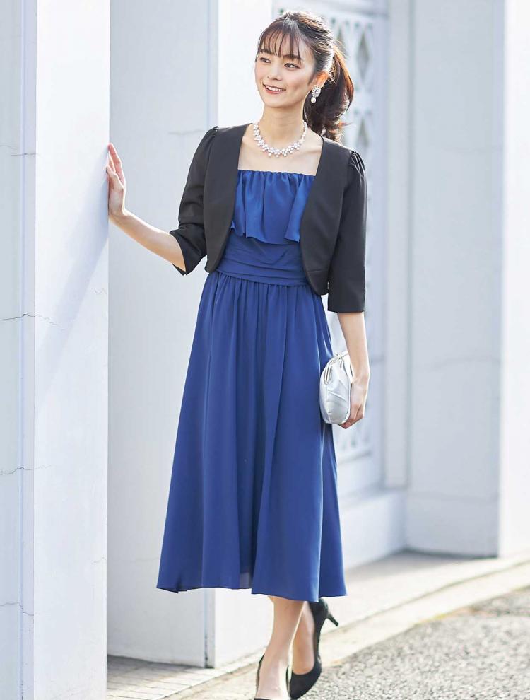 【M】フリルスリーブパンツドレス（ブルー）DPSET0044