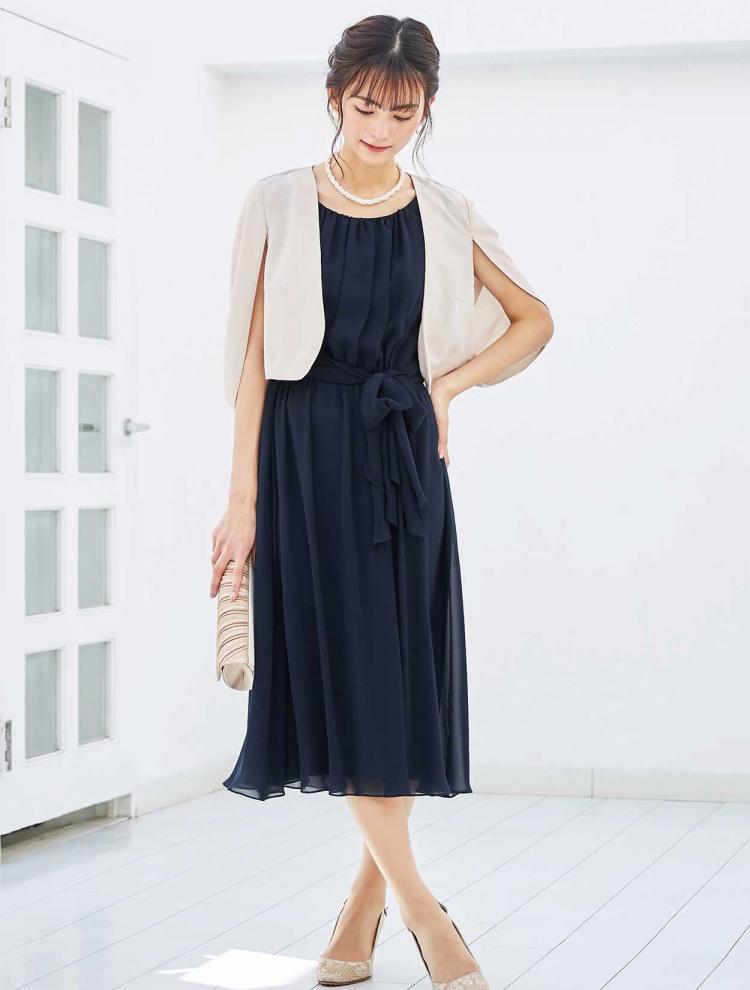 【M】ミディ丈シフォンドレス（ネイビー）DPSET0047