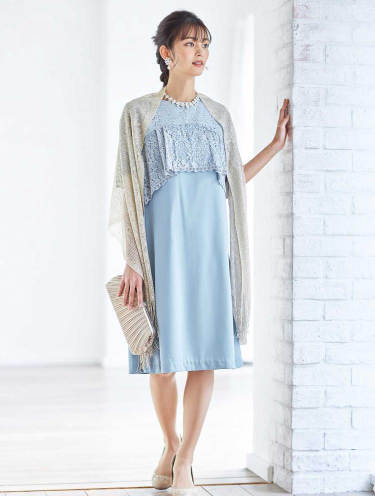 【S/M】五分袖レースサックドレス（サックス）DPSET0048