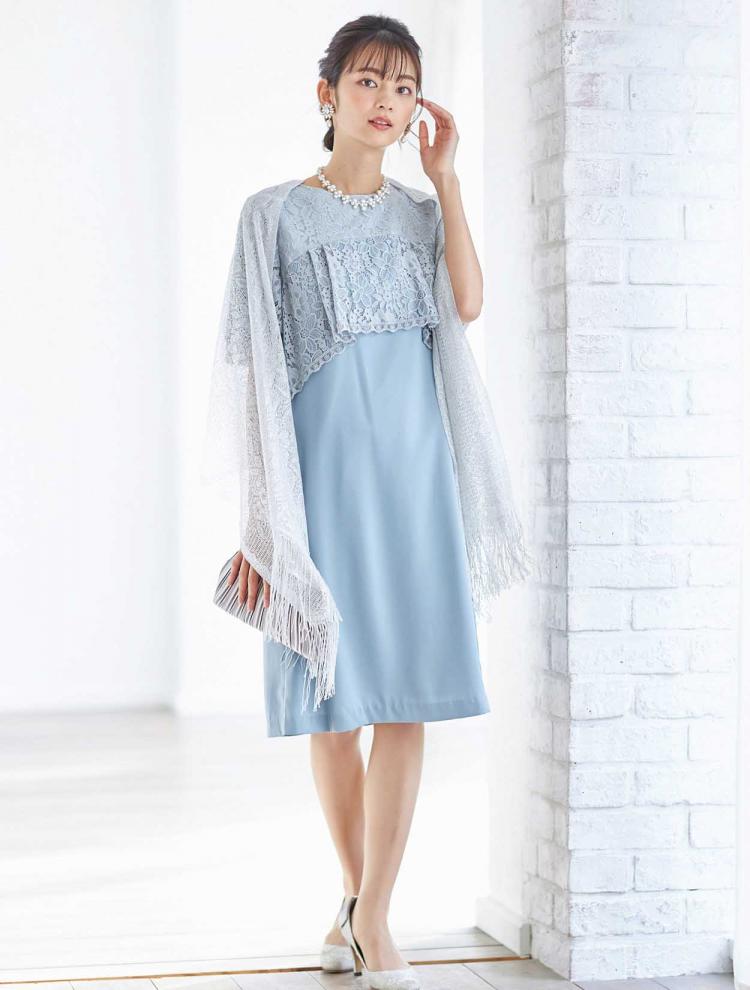 【S/M】五分袖レースサックドレス（サックス）DPSET0049