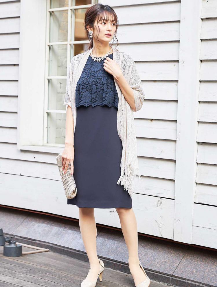 【M】五分袖レースサックドレス（ネイビー）DPSET0051
