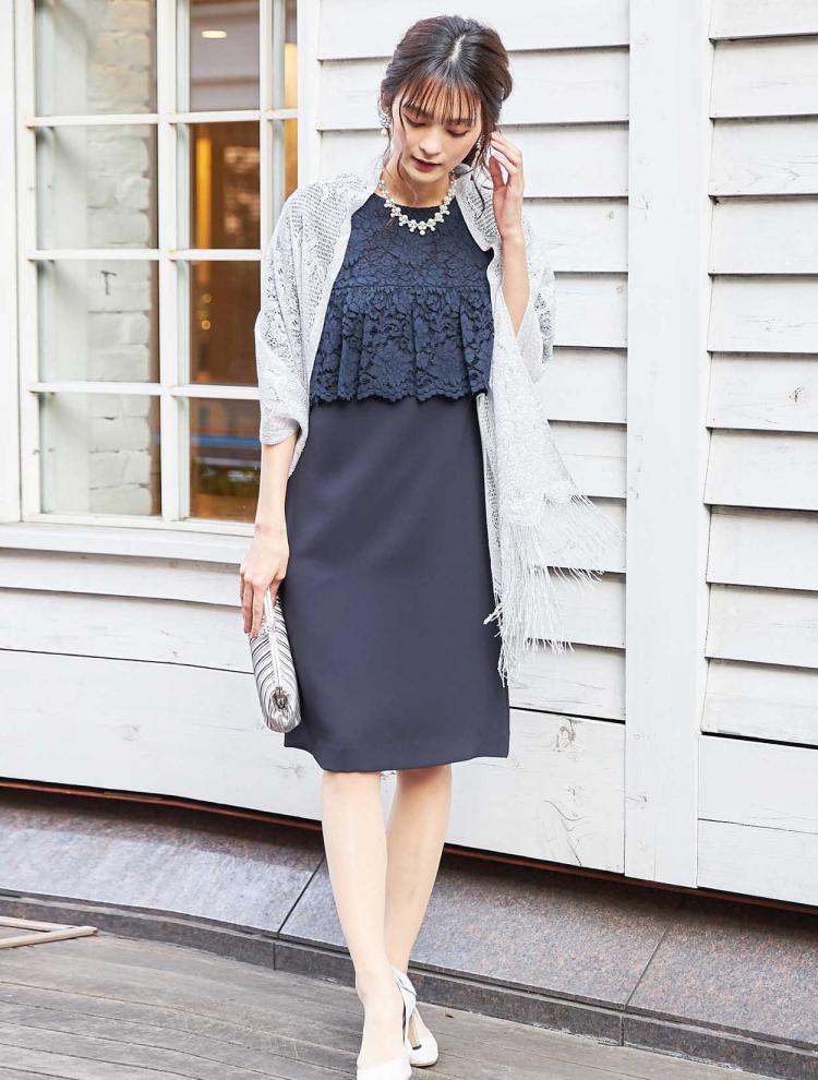【M】五分袖レースサックドレス（ネイビー）DPSET0052