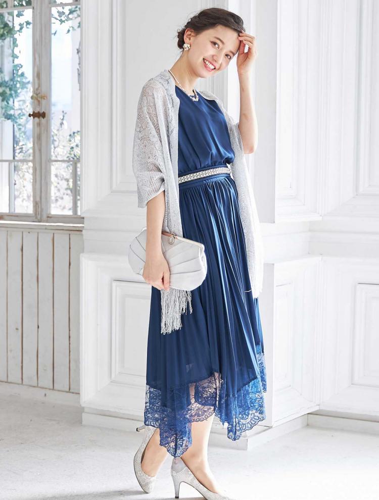 【M】プリーツ裾レースミディ丈ドレス（ネイビー）DPSET0056