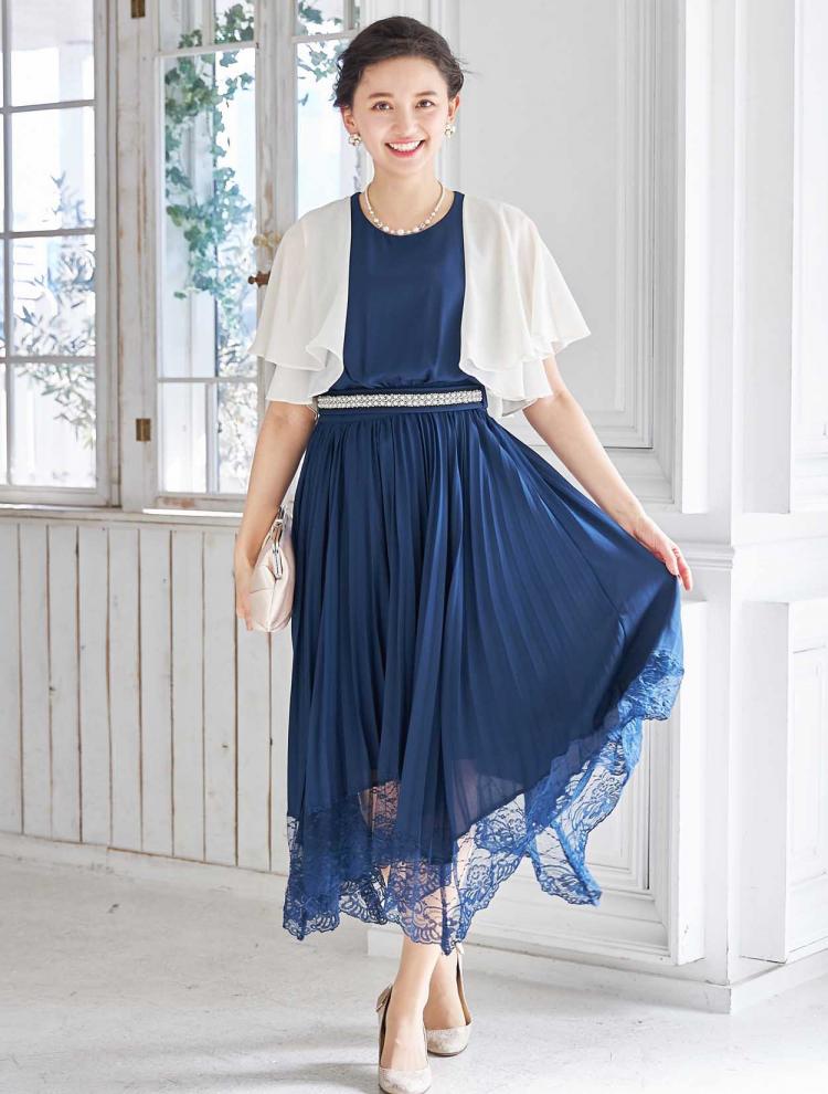 【M】プリーツ裾レースミディ丈ドレス（ネイビー）DPSET0057