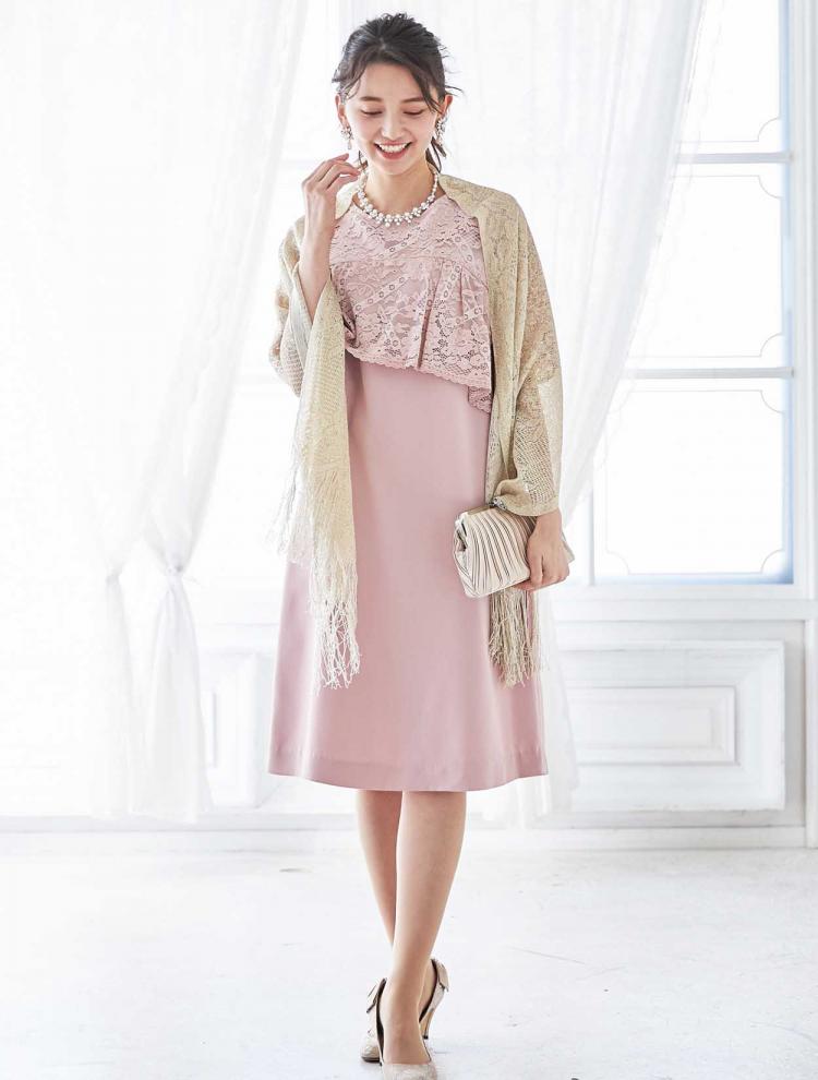 【M】五分袖レースサックドレス（ピンク）DPSET0058